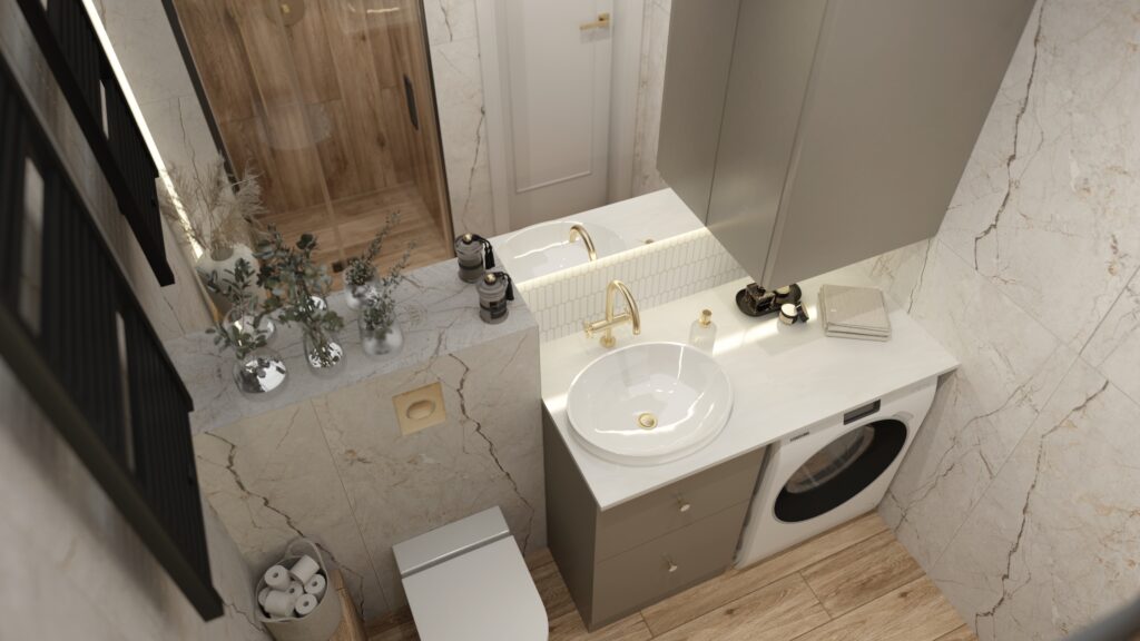 Nowoczesna łazienka, złota bateria, armatura łazienkowa, pralka w łazience